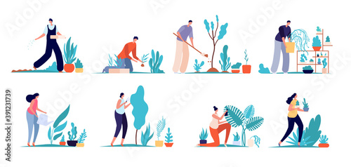Gardening people. Garden characters  agriculture labor persons. Cartoon gardener man woman care green flowers  eco hobby utter vector set. Illustration agriculture and farming  gardening