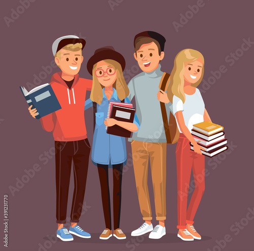 Set of friends, university fellow students classmates standing together hugging holding books with gadgets and backpacks. Group of learners young people. Student couple. Vector illustration. Flat.