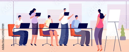 Office training team. Business staff learning, people group coach with presentation. Company managers meeting interview utter vector concept. Illustration team training business, education conference