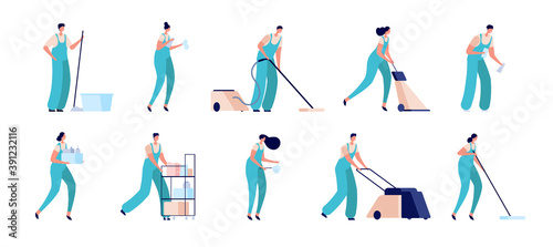 Cleaning staff. Cleaners characters, commercial house maid service. Isolated professional workers with vacuum wipe bucket utter vector set. Illustration professional cleaner, domestic service