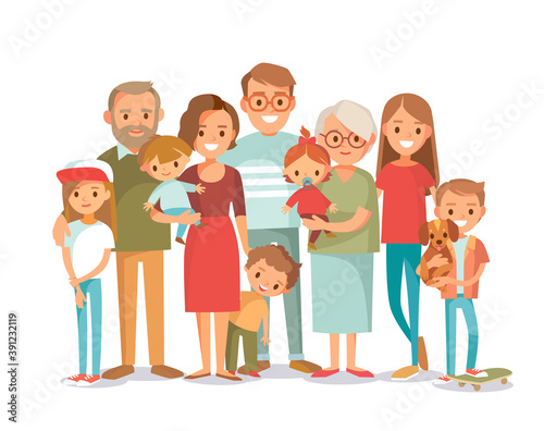 Big happy multi-generational family siblings relatives portrait. Vector people. Seniors mother and father with babies, children grandchildrens and grandparents. Grandma grandpa mom dad.