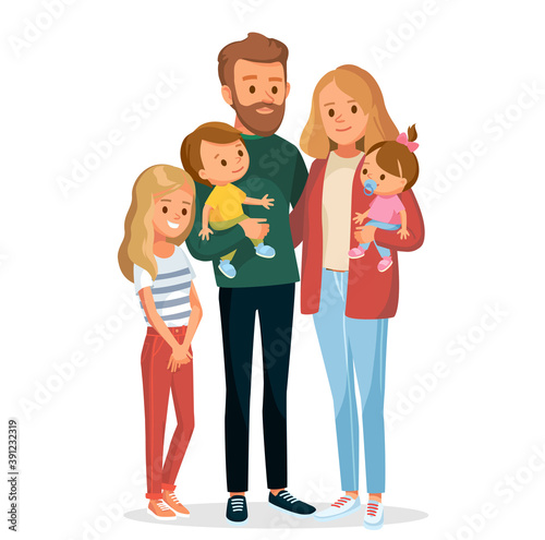 Young family portrait of 5 five members parents with 3 three kids children standing up straight together. Father with boy son child on hands, Mather with girl daughter child on hands.