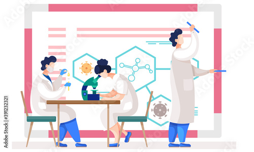 Medical workers in lab. People in white coat work with a microscope and a test tube, virologists, chemical researchers with laboratory equipment. Illustration of science experiment with vaccine