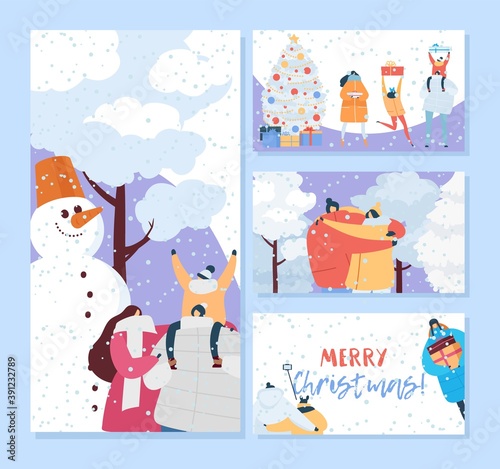Happy winter holiday celebration, merry christmas card vector illustration. C...