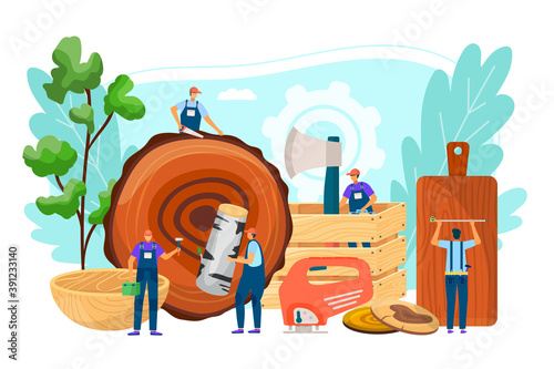 Wood worker man person work at industry job, vector illustration. Professional male lumberjack with cartoon equipment tool. People carpenter make wooden work with log, profession concept.