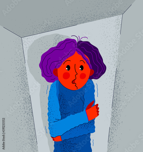 Claustrophobia fear of closed space and no escape vector illustration, girl is closed in small room space and scared in panic attack.