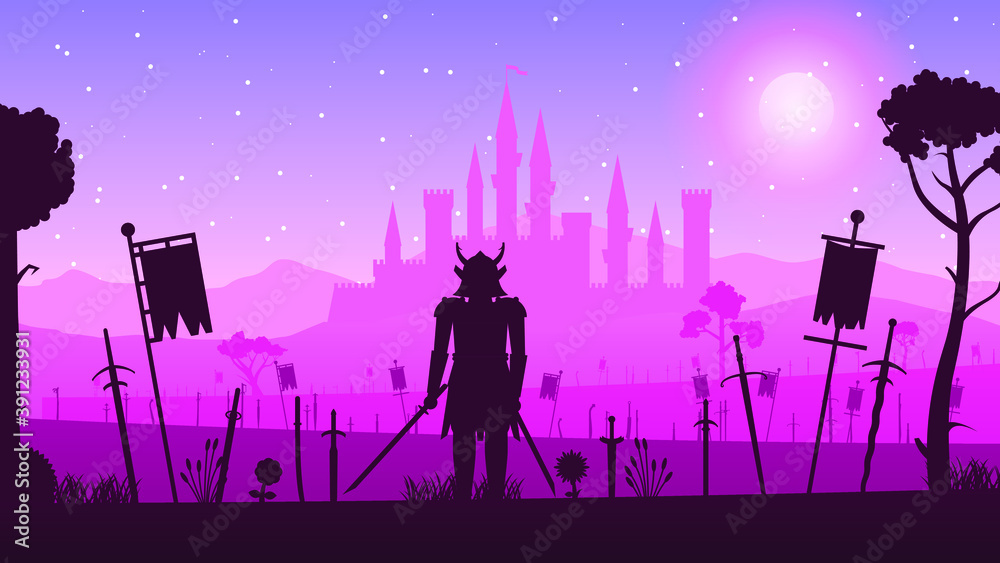 Naklejka premium Abstract Ninja Samurai With Sword On Battlefield Pink Background Vector With Castle