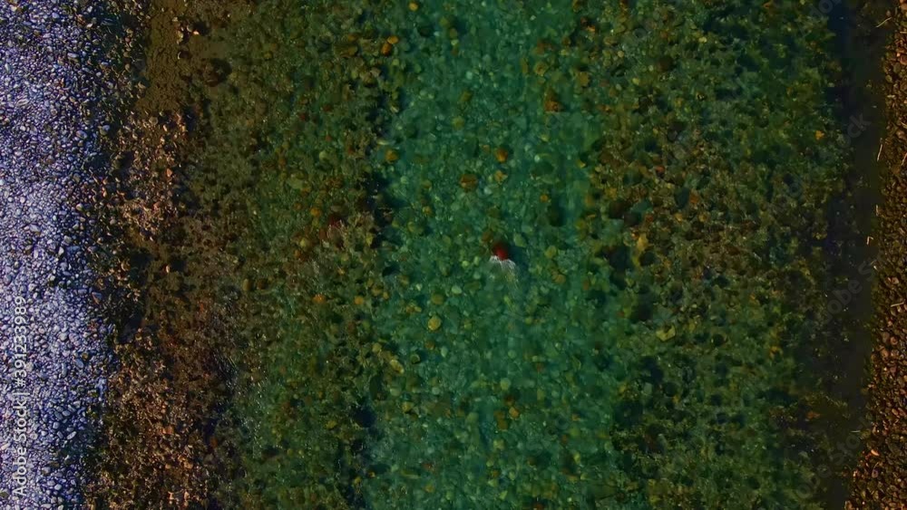 Birds eye view looking down on a clear emerald green and blue mountain river. Birds eye view looking down on a clear emerald green and blue mountain river.