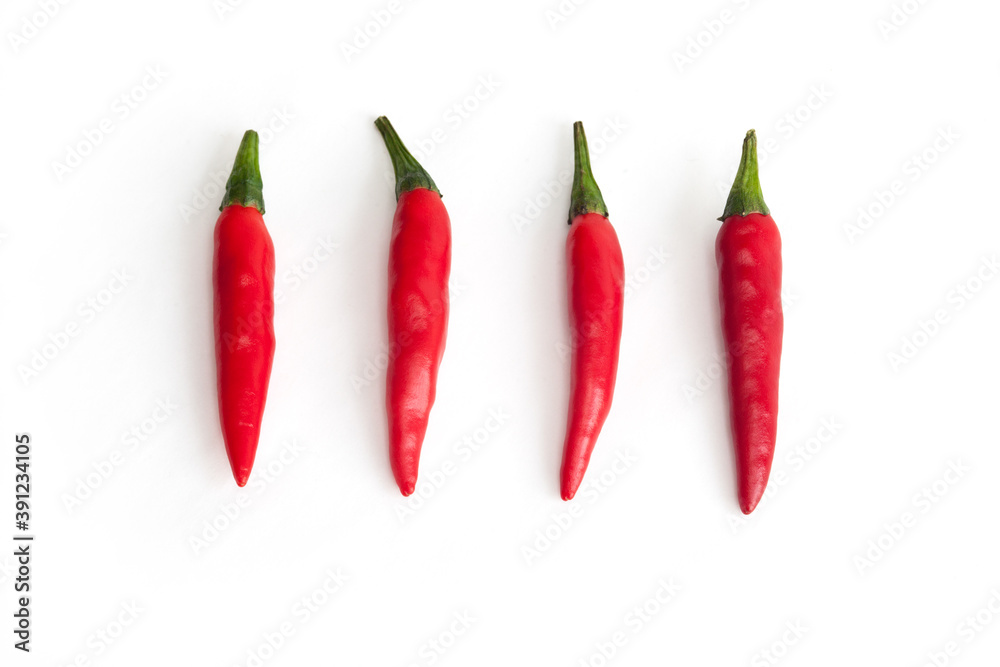 Four Red Peppers, Isolated on White Background