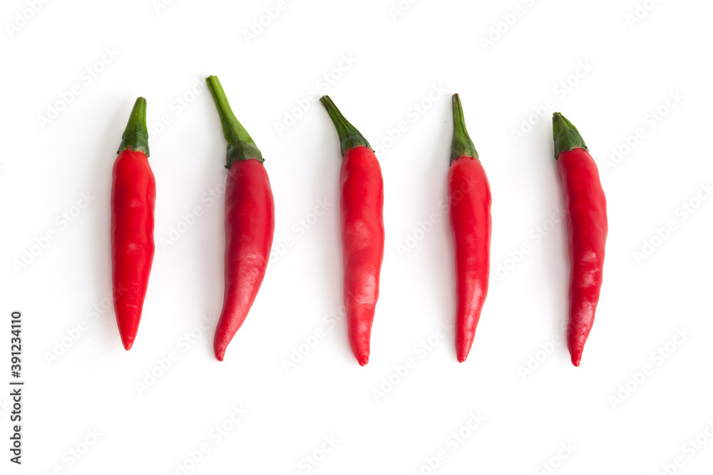 Five Red Peppers, Isolated on White Background