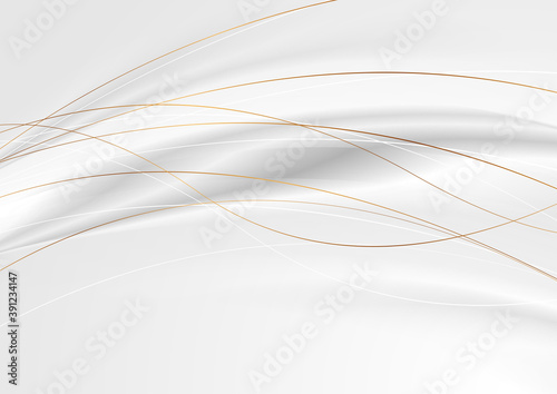 Grey silver smooth waves with curved golden lines abstract background. Vector design