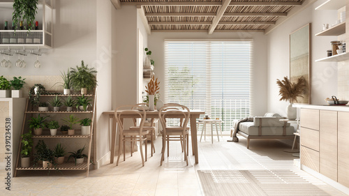 Cosy wooden sustainable living room and kitchen in beige tones with bamboo ceiling. Sofa  dining table  chairs. Potted plants. Ceramic floor. Environmental friendly interior design