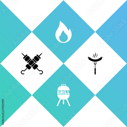 Set Grilled shish kebab, Barbecue grill, Fire flame and Sausage on the fork icon. Vector.