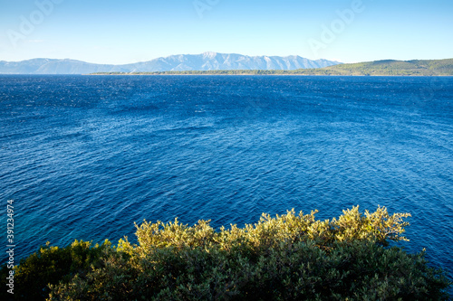 wide blue sea with small waves, trees in foreground and mountains in background, croatia, zivogosce