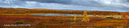 Panoramic view of storm clouds over lake in tundra in autumn. Kola Peninsula, Russia.