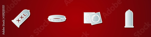 Set Condom safe sex, Leather fetish collar, Condoms in package and icon. Vector.