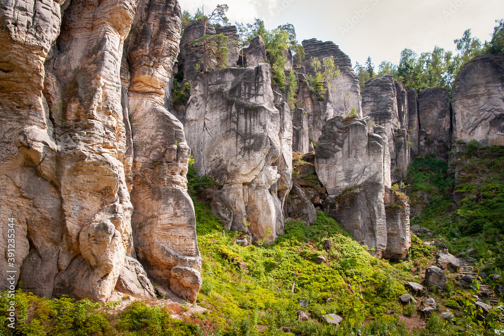 rocky formations in valley, famous rock in czech republic, adrspach