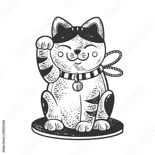 Maneki neko Japanese cat sketch engraving vector illustration. T-shirt apparel print design. Scratch board imitation. Black and white hand drawn image.