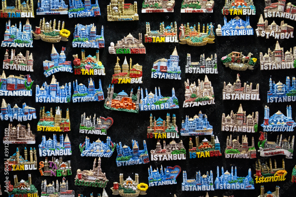 Souvenirs and gifts on the counter of a souvenir shop in Istanbul. Turkish and Istanbul magnets