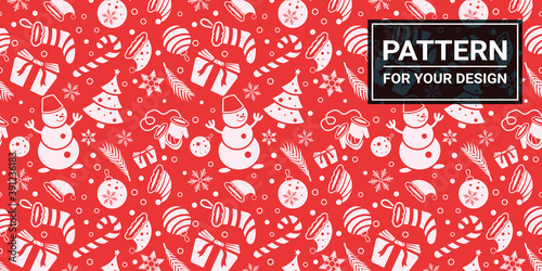 Christmas seamless pattern. Christmas attributes on a red background.
