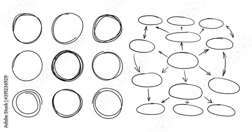 Vector Set of Hand Drawn Circles and Planning Background Template, Blank Frames, Mind Map, Circles and Arrows Isolated on White Background, Black Color.
 photo