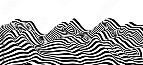 3D black and white lines in perspective abstract vector background, linear perspective terrain pattern op art.