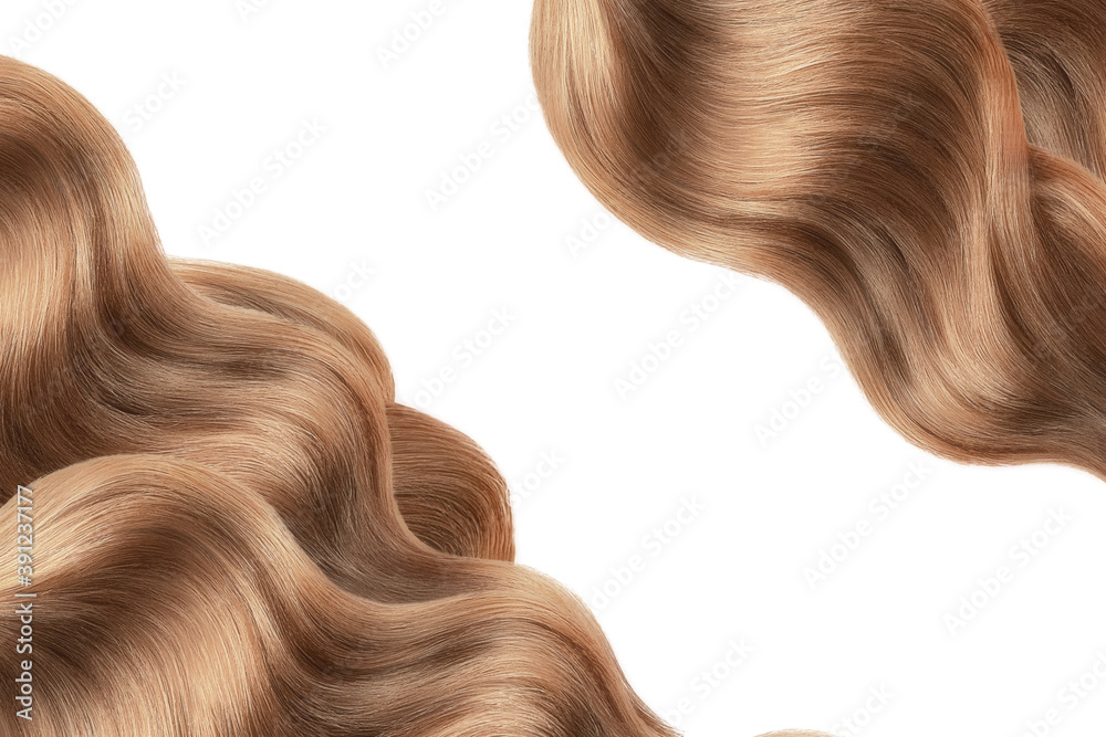Fototapeta premium Brown shiny hair isolated on white. Background with copy space