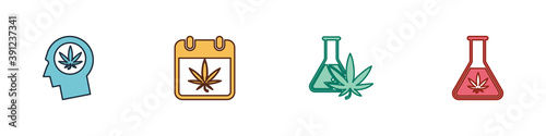 Set Head in profile with marijuana, Calendar and, Test tube and icon. Vector.