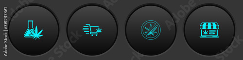 Set Test tube with marijuana, Shopping cart, Stop and Online buying icon. Vector.