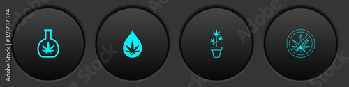Set Test tube with marijuana, Marijuana or cannabis leaf oil, plant in pot and Stop icon. Vector.