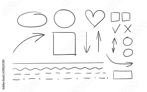 Vector Set of Black Hand Drawn Design Elements Isolateed on White Background, Circles, Geometric Shapes, Arrows, Heart, Underline Strokes. 