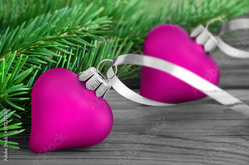 Christmas decoration two hearts close up