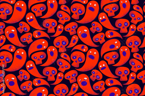 Ghosts and skulls seamless textile pattern, endless texture with horror funny cartoon Halloween theme, wallpaper background spooky spirits and sculls with scary faces.