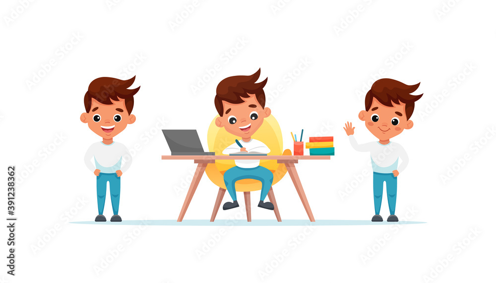 Cute boy set with different gestures and poses isolated on white background. Boy study at the table at home. Smiling kid waving his hand in greeting or goodbye. Cartoon vector illustration Cute boy set with different gestures and poses isolated on white background. Boy study at the table at home. Smiling kid waving his hand in greeting or goodbye. Cartoon vector illustration