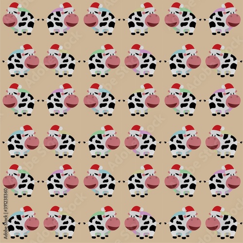 Fototapeta Naklejka Na Ścianę i Meble -  Cow Wearing a Santa Hat and Opening Mouth Cute Illustration, Cartoon Funny Character, Pattern Wallpaper 