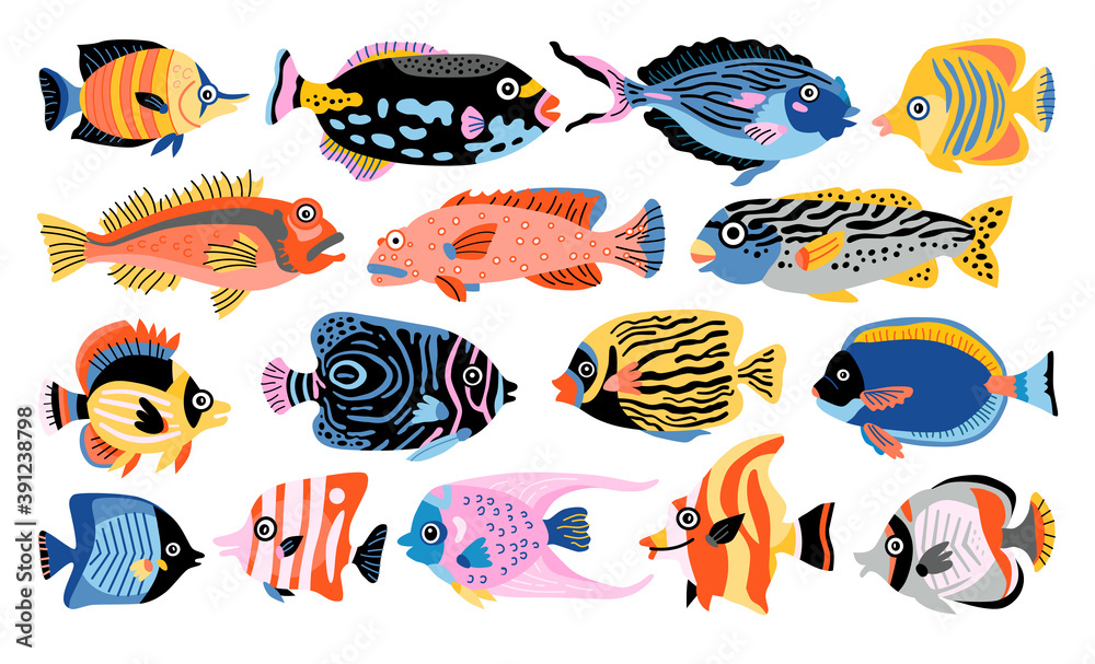 Tropical fish vector set. Isolated cartoon icon aquarium animals. Vector illustration tropical life on white background.