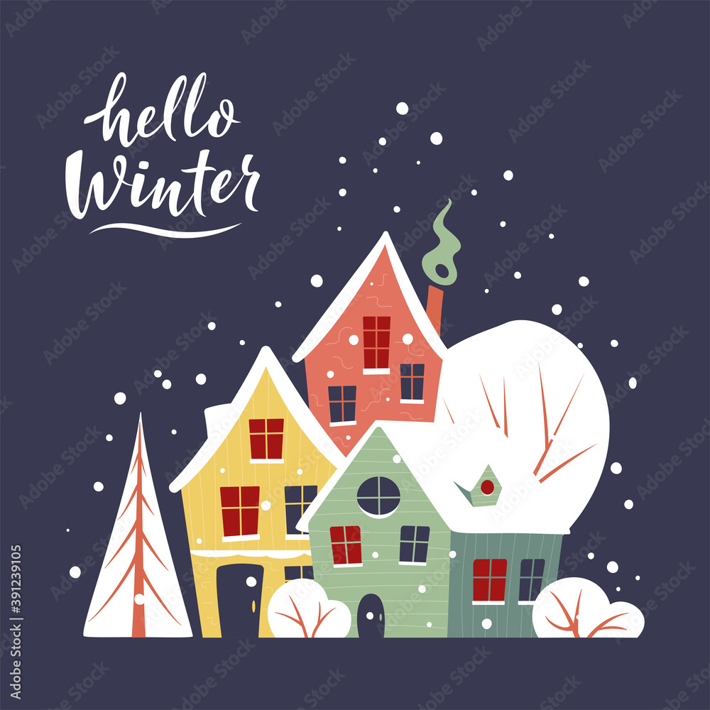 Christmas greeting card with small winter town covered with snow. Hello winter lettering sign. Vector illustration in trendy flat style for cards, covers, invitations, posters, banners, flyers