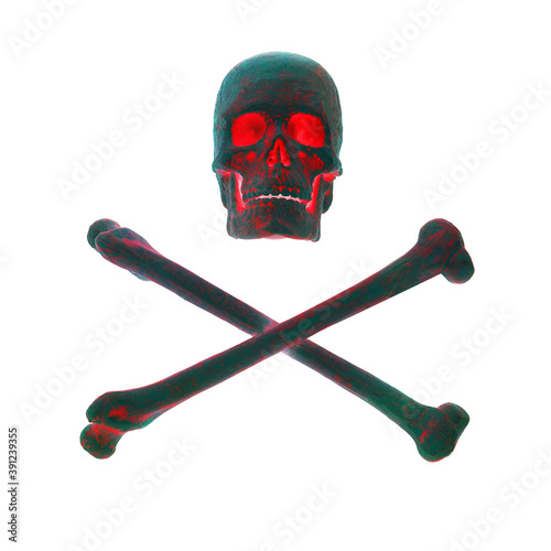 Black human skull with red glowing eyes and crossed bones on a white background, a sign stop, be careful, dangerous.