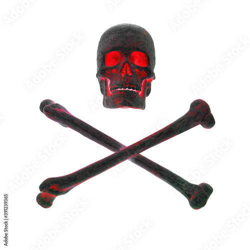 Black human skull with red glowing eyes and crossed bones on a white background, a sign stop, be careful, dangerous.