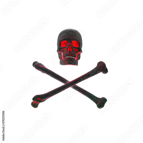 Black human skull with red glowing eyes and crossed bones on a white background, a sign stop, be careful, dangerous.
