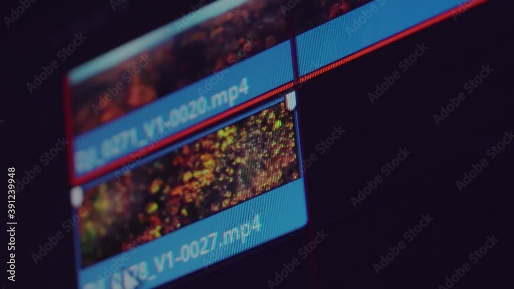 Video editing on your computer. Monitor your computer and record the video editing program: fragments are connected together. Video processing, post-production, clip maker. display, macro.