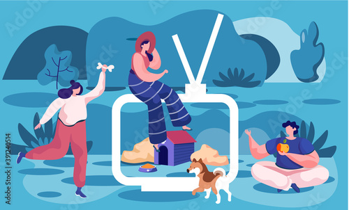 People pet owners walking together in the evening outdoor nature landscape. Funny girl training her domestic animal spotted dog. Happy female cartoon character playing with her doggy, gives him a bone
