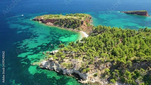 Aerial drone video of paradise beaches in Kokinokastro area with crystal clear turquoise sea, Alonissos island, Sporades, Greece  photo