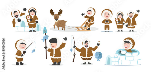 set of eskimos people family vector in flat