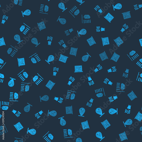 Set Chicken farm and location, Plant in pot, Smart farming technology and status on seamless pattern. Vector.