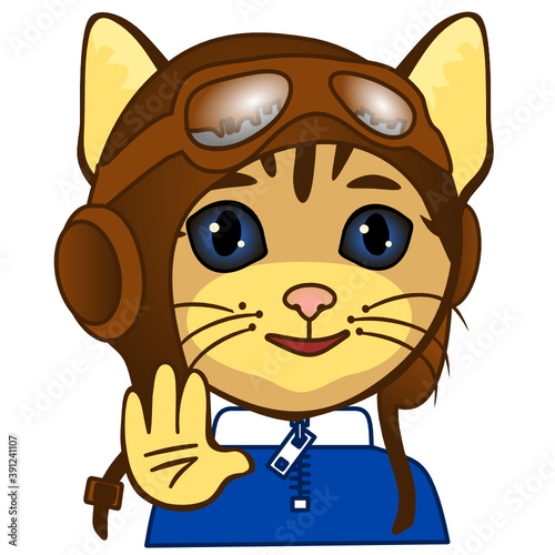 emoji with smiling retro airplane pilot in a vintage flying helmet with headphones and glasses or aviator goggles, simple hand drawn emoticon, cat vector illustration