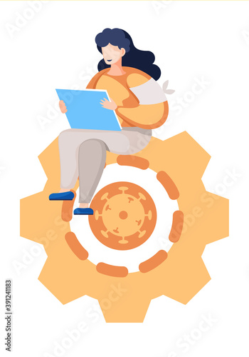 Young girl sitting on the gearwheel with laptop serfing internet on white background, typing, writing a message. Woman studying with computer vector illustration. Lady freelancer working on pc