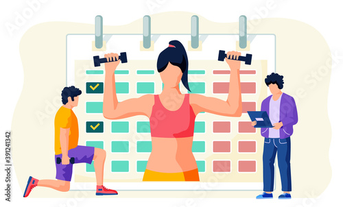 Fitness online course concept. People doing exercise at home in online classes using laptop, vector flat cartoon illustration. Regular sports on a schedule. Healthy lifestyle, active time spending