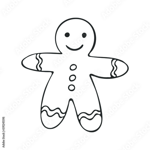 Hand-drawn merry Christmas gingerbread man. Vector illustration isolated on white background.