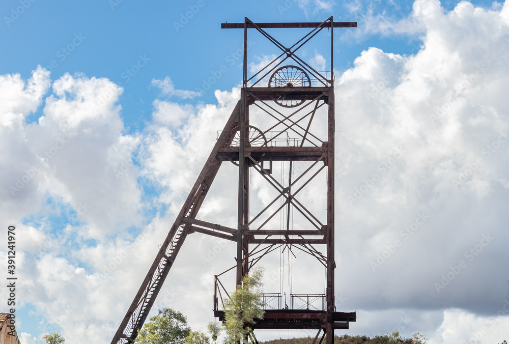 Castillete (a metallic structure in the shape of a tower) in La Zarza-Perrunal Village, Huelva, Andalusia, Spain. Old mine shaft of copper, gold amd silver. Castillete (a metallic structure in the shape of a tower) in La Zarza-Perrunal Village, Huelva, Andalusia, Spain. Old mine shaft of copper, gold amd silver.